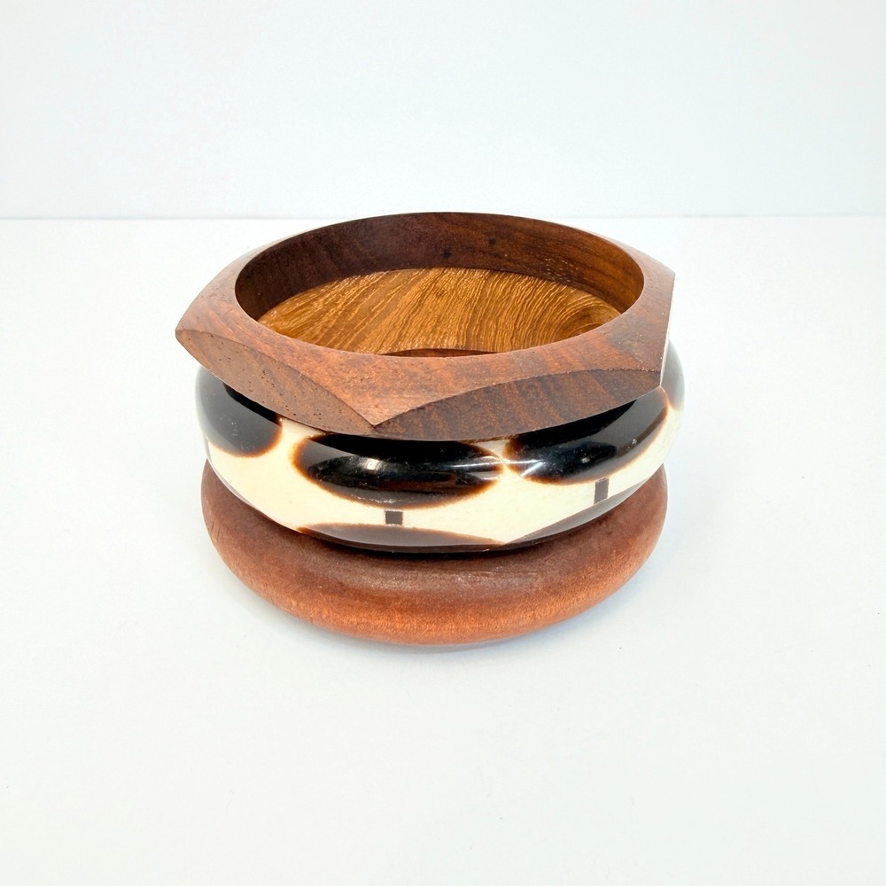 Brown Wood Polished Horn Inlay/Overlay Bangles 1970s Tortoise-look Bracelet Set